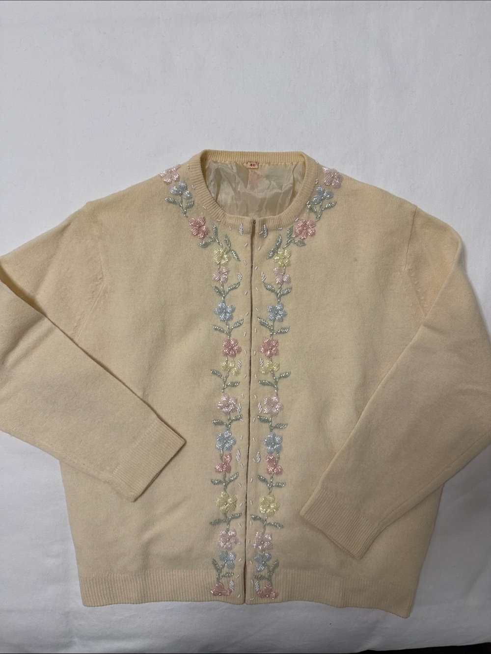 Vintage beaded Embroidered Flowers  Crewneck Cardigan - Cream with 3/4 sleeves